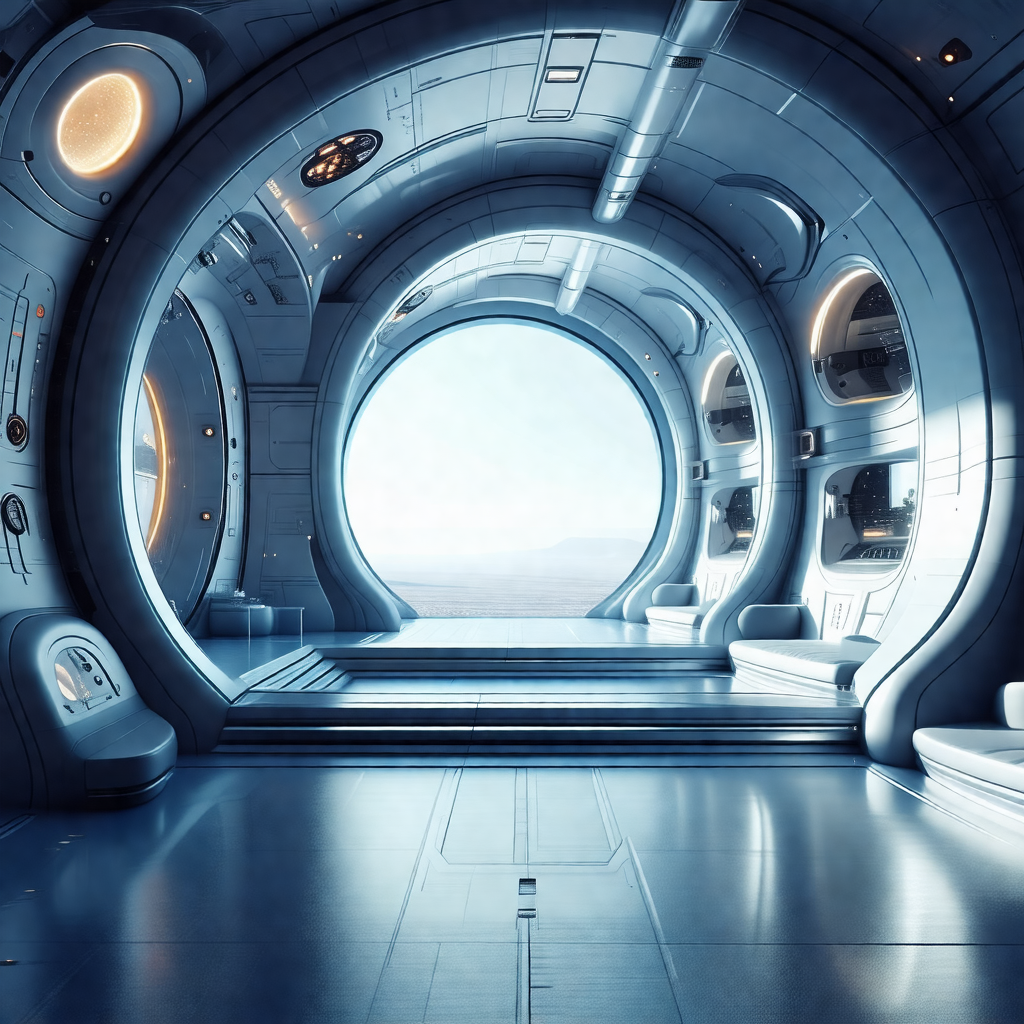 Futuristic space station with a large, round window that ...