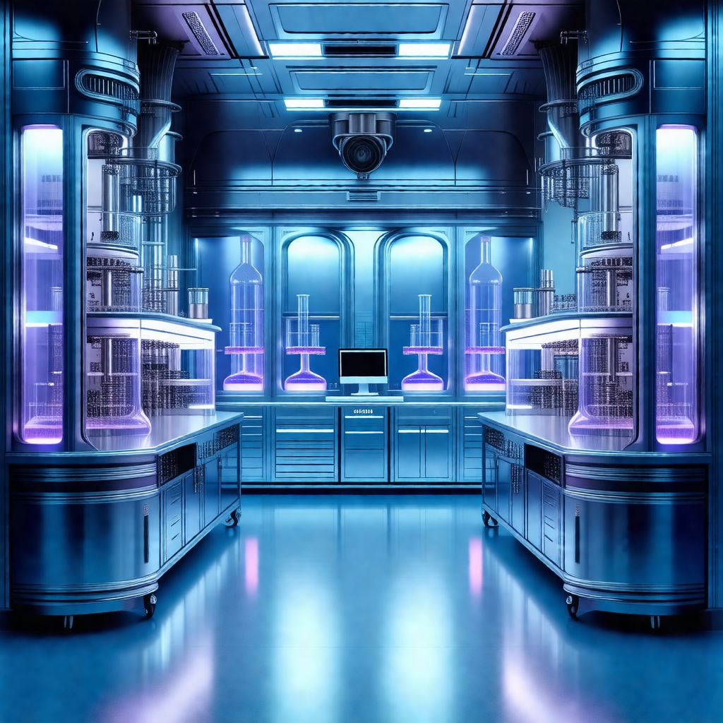 Large, well-lit laboratory with a blue-lit atmosphere