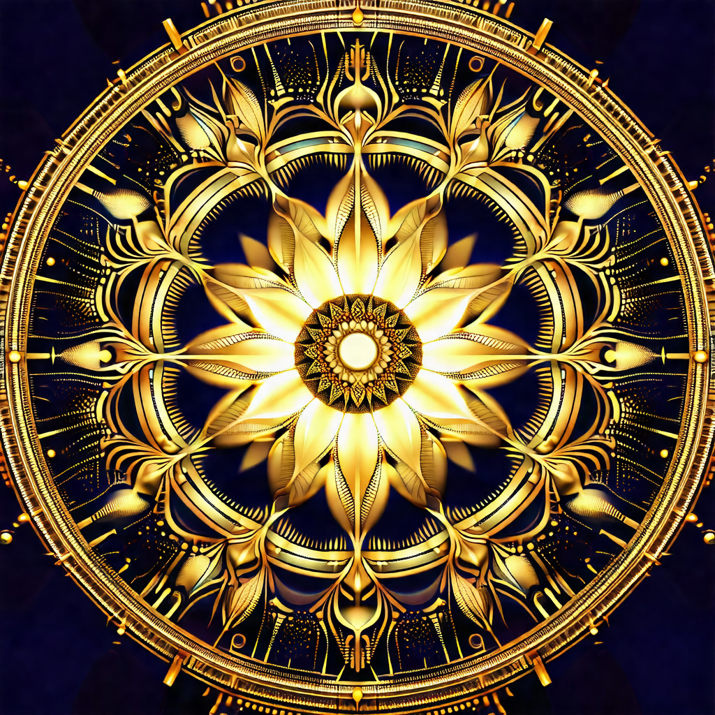 Large, intricately designed gold and blue circle