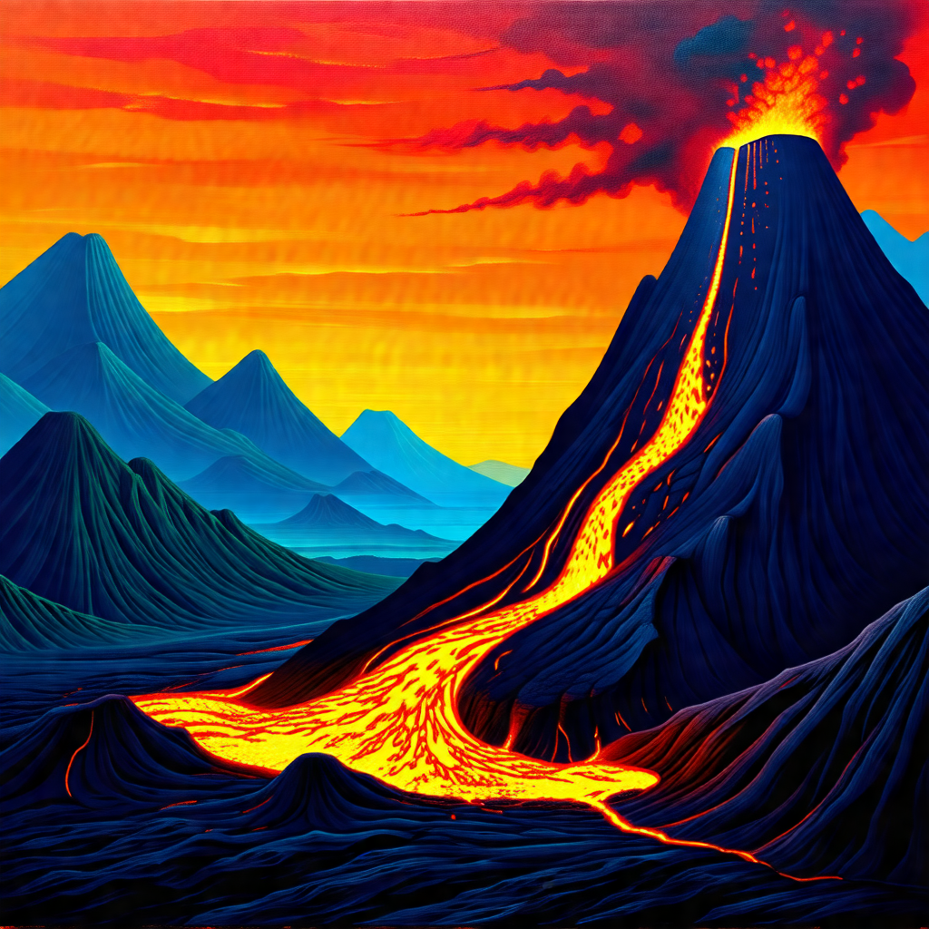 Large, colorful volcano with a flowing lava stream