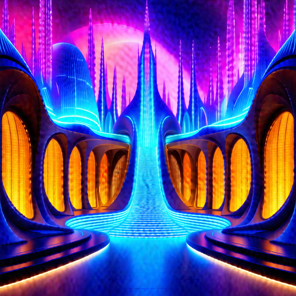 Futuristic scene with a long, narrow hallway that leads t...