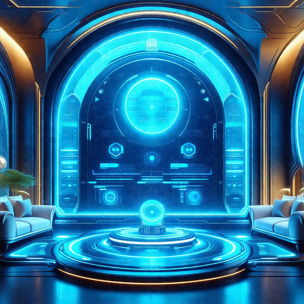 Futuristic living room with a blue and white color scheme