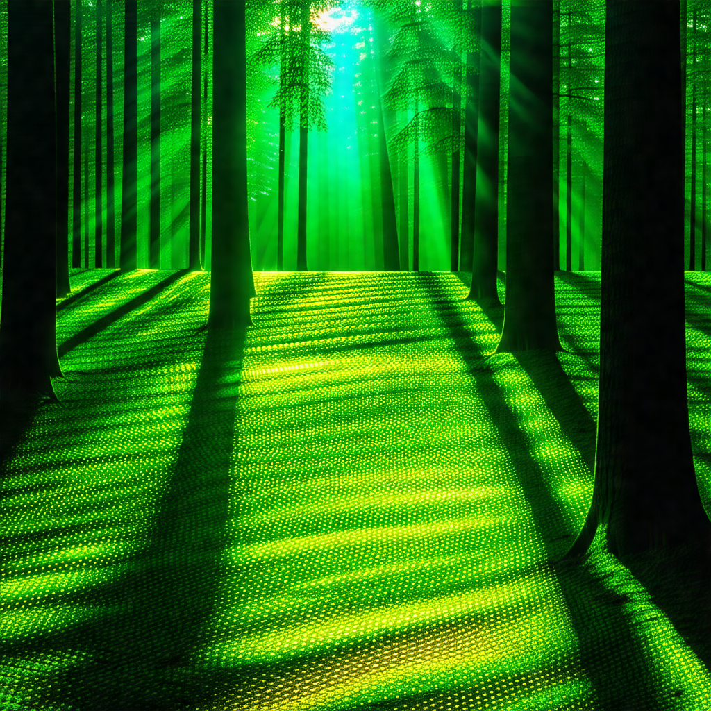 Lush green forest with a pathway leading through the trees