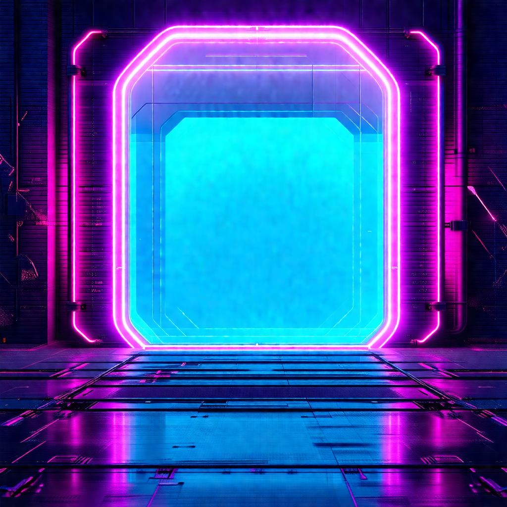 Futuristic setting with a large, open doorway that is ill...