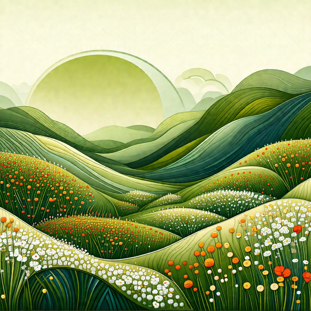 Painting of a lush green hillside with a beautiful sunset...