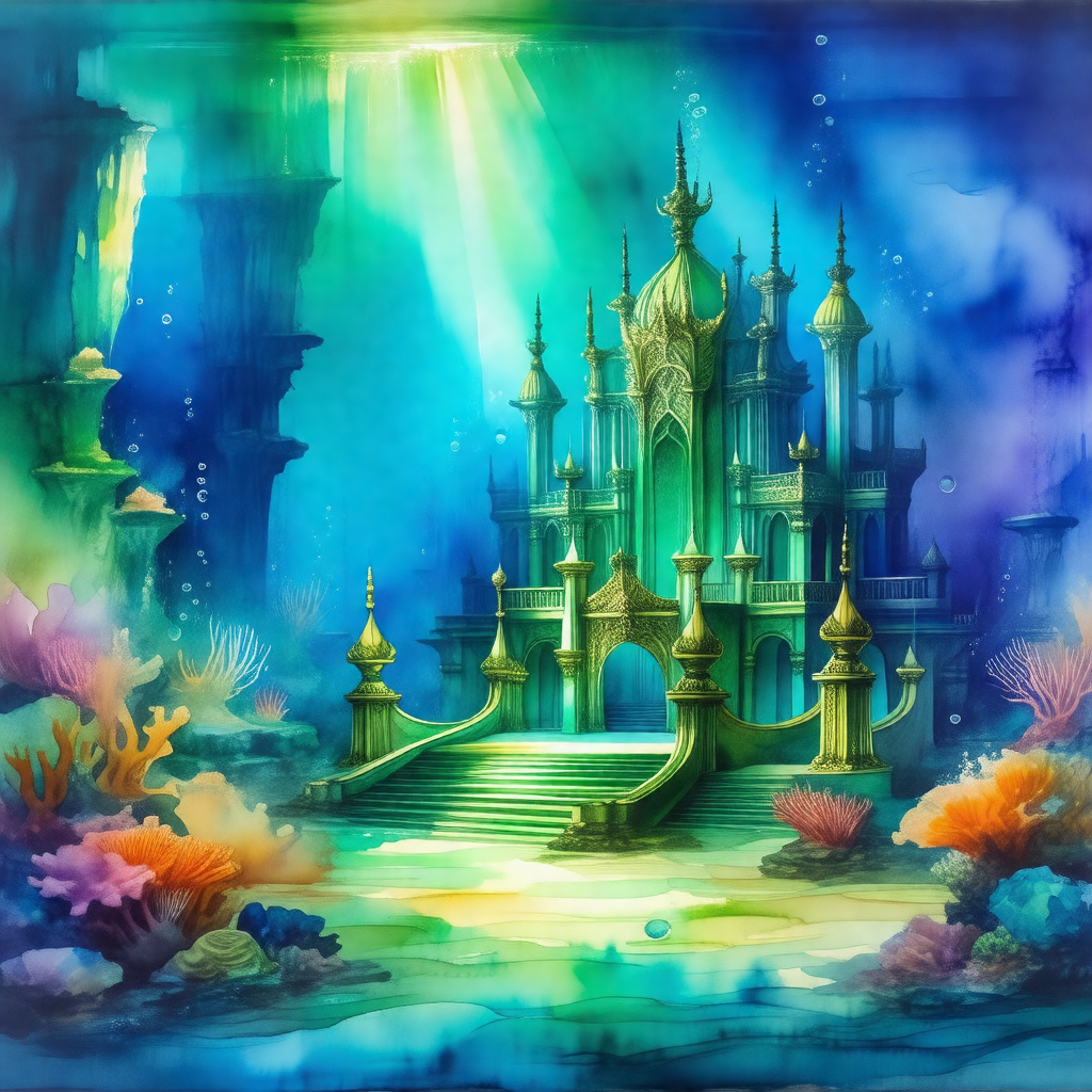 Beautiful underwater palace with a green and gold color s...
