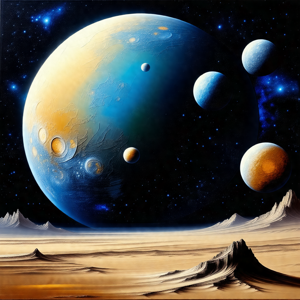 Painting of a planet with three moons orbiting it