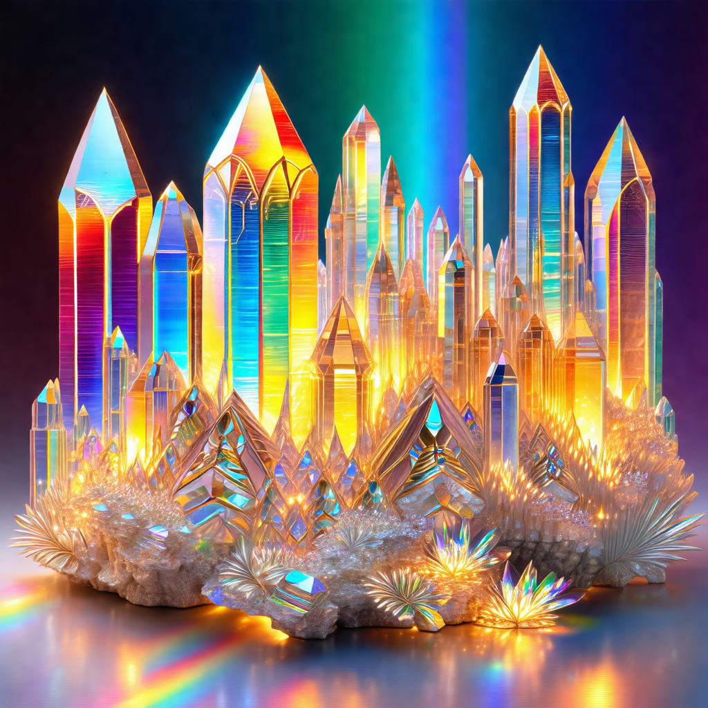 Colorful display of crystals and glass structures, resemb...