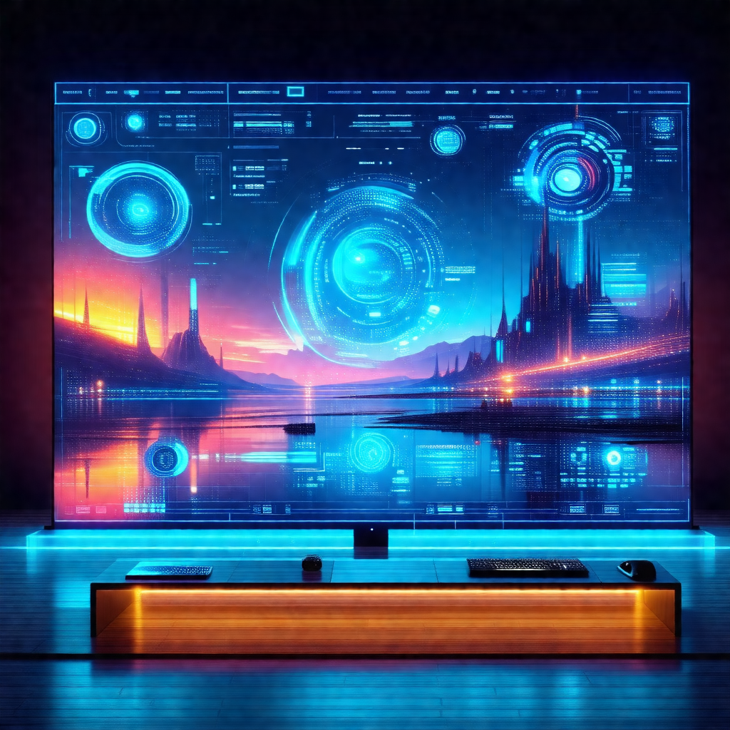 Futuristic scene with a large tv screen displaying a city...
