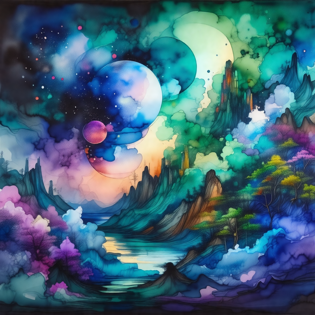 Colorful painting of a planet with a variety of celestial...
