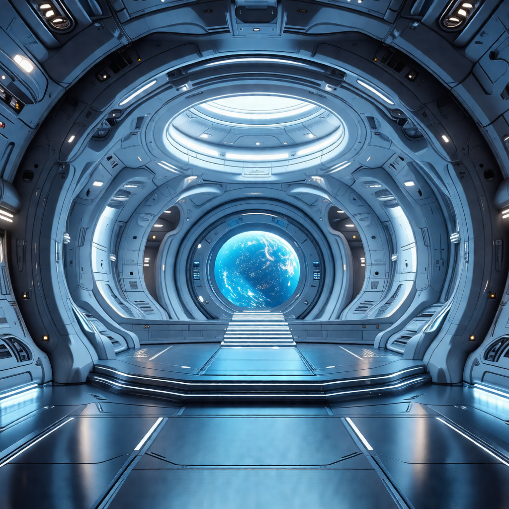 Futuristic space station with a large, open, and empty room