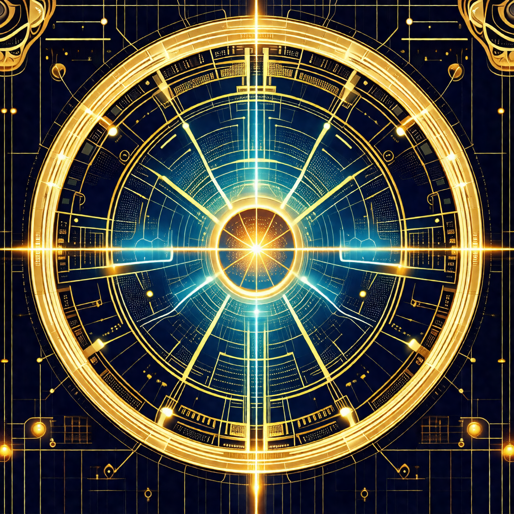 Futuristic, golden, and blue-toned design