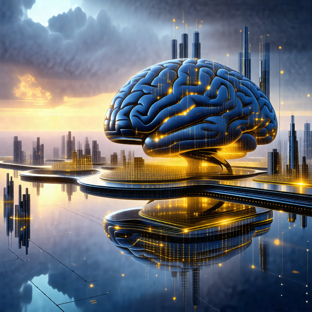 Large, three-dimensional brain floating in a blue, cloudy...