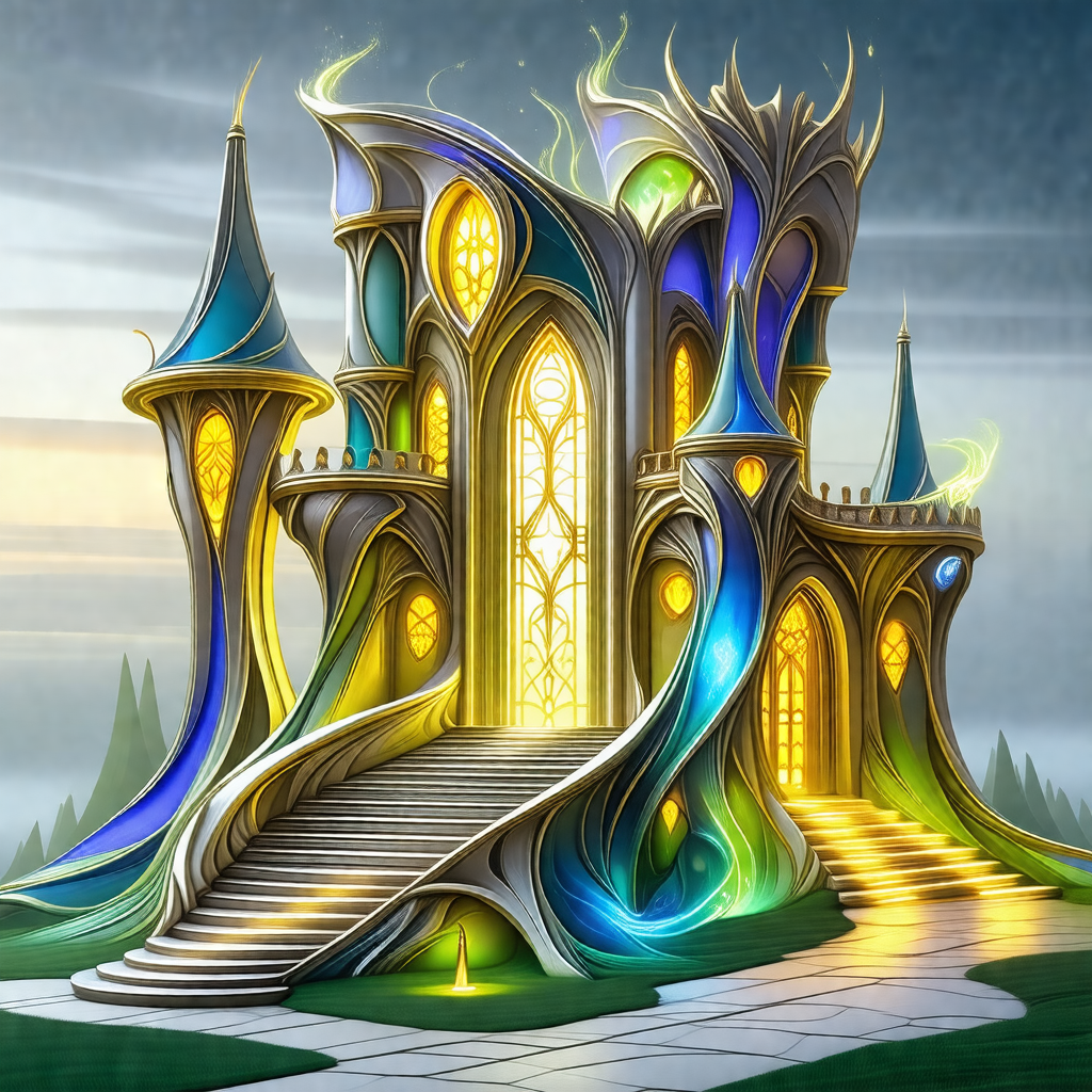 Digital painting of a fantasy castle with a blue and yell...