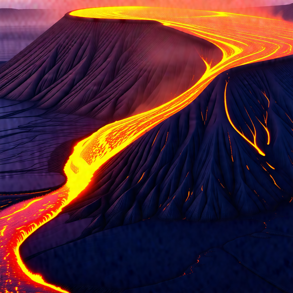 Large, flowing river of lava, with a vibrant orange hue