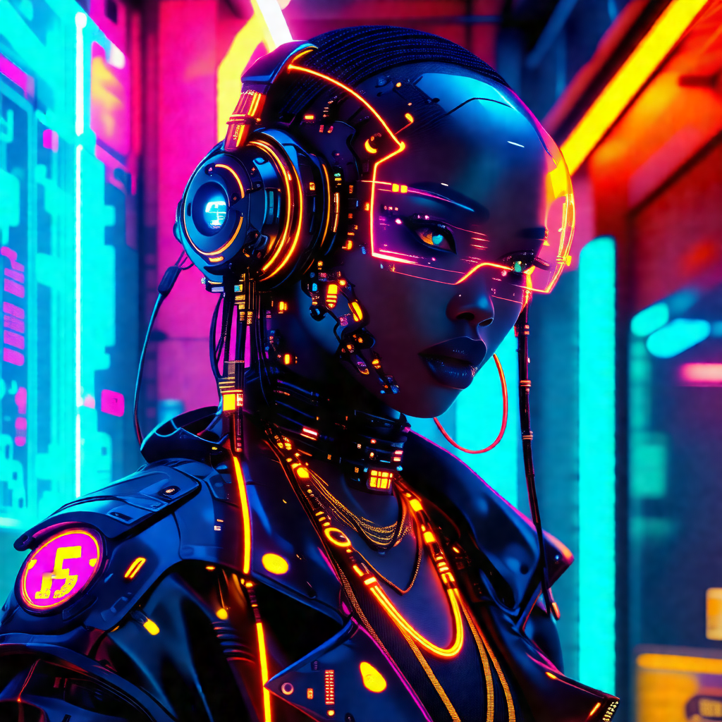 Woman wearing a futuristic outfit, including a black jack...