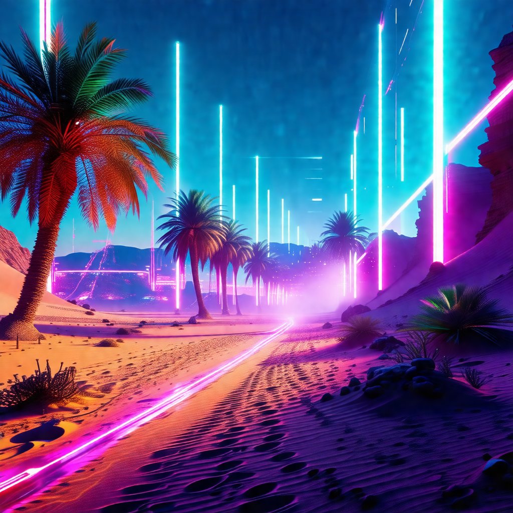 Futuristic, colorful, and surreal landscape featuring a s...