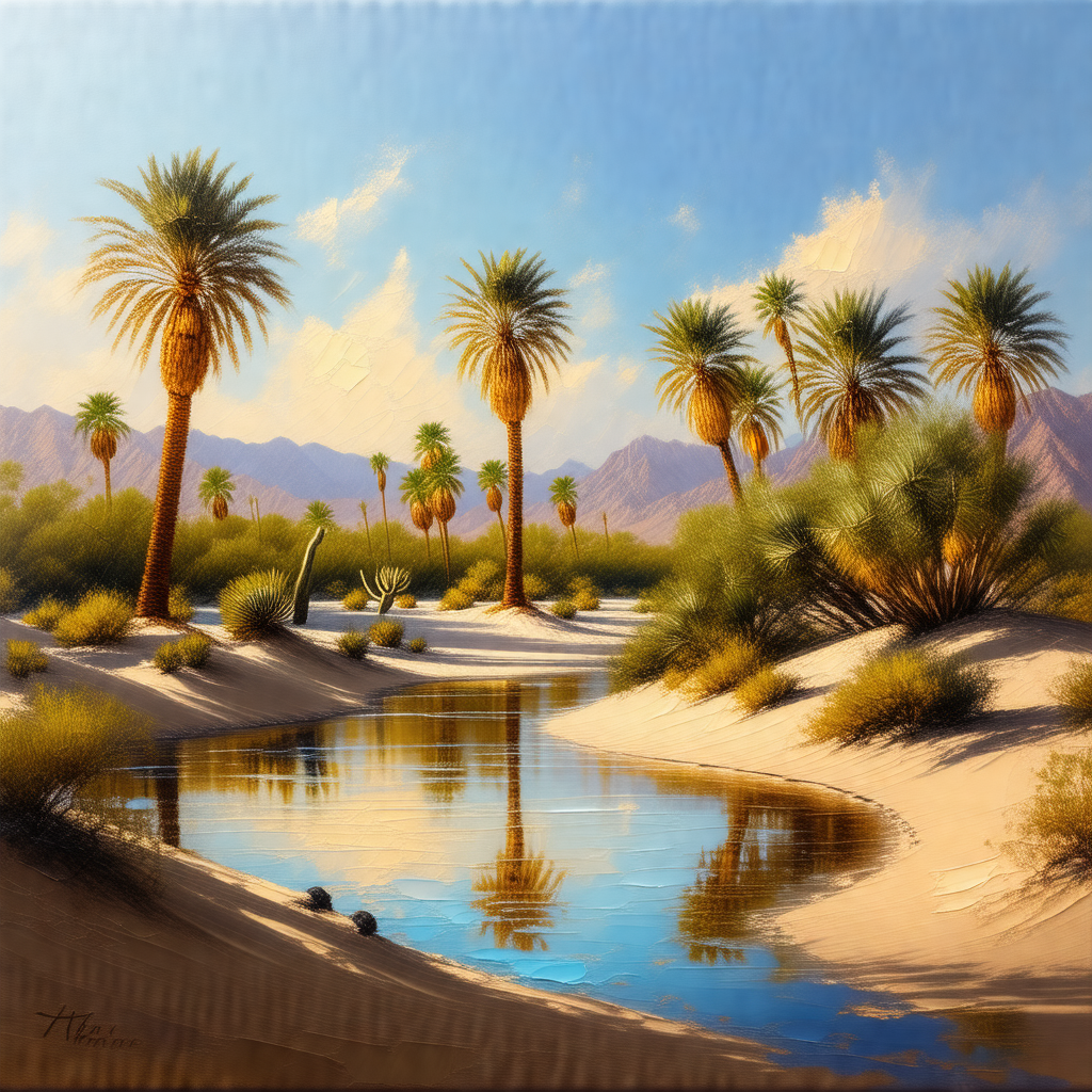 Serene desert scene with a small stream of water flowing ...