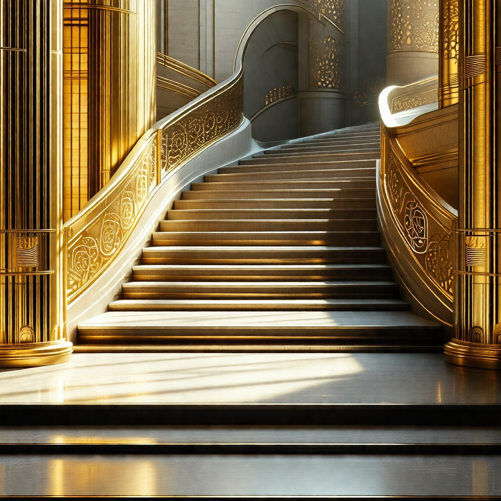 Grand staircase with a gold railing, leading to a higher ...