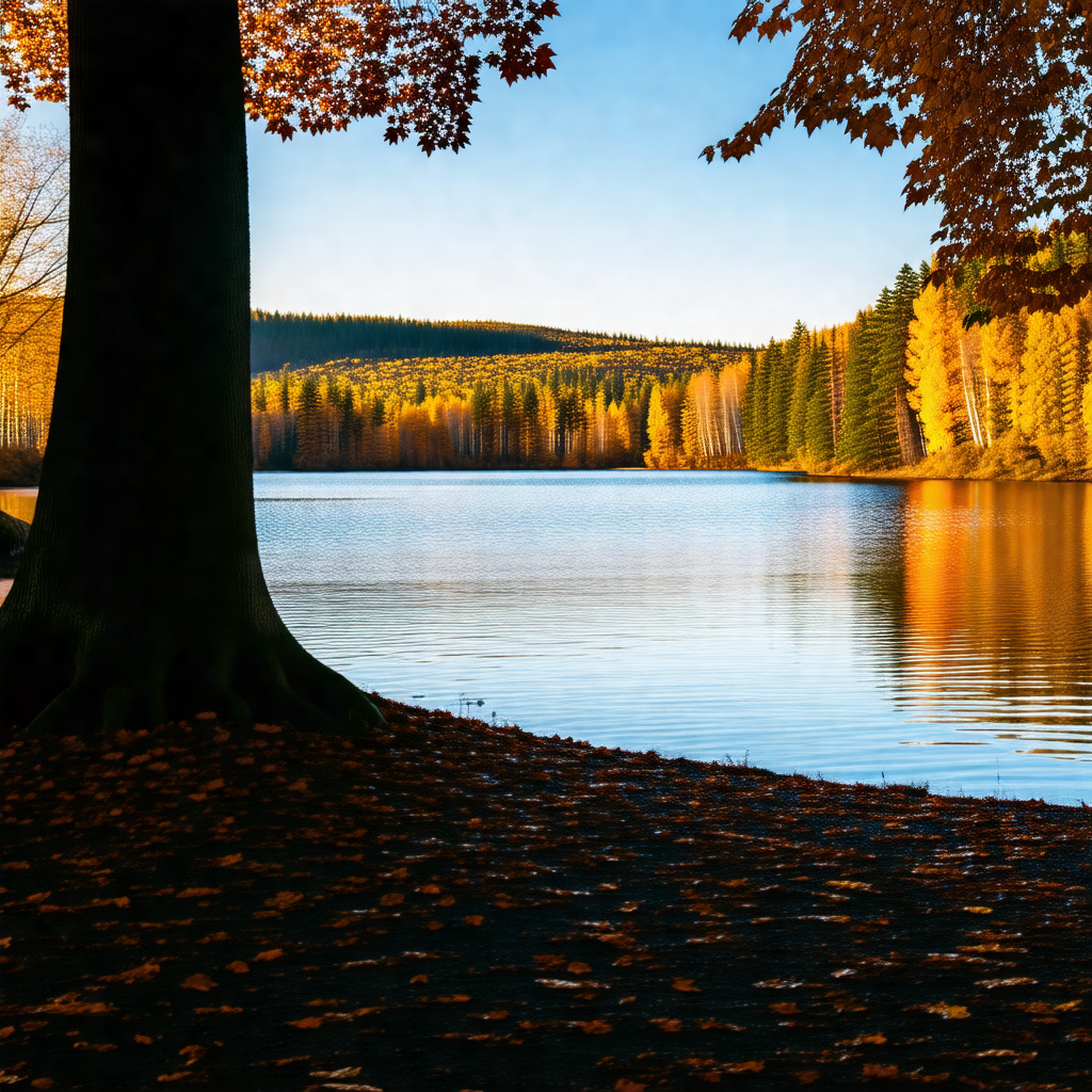 Serene lake surrounded by trees, with a few leaves scatte...