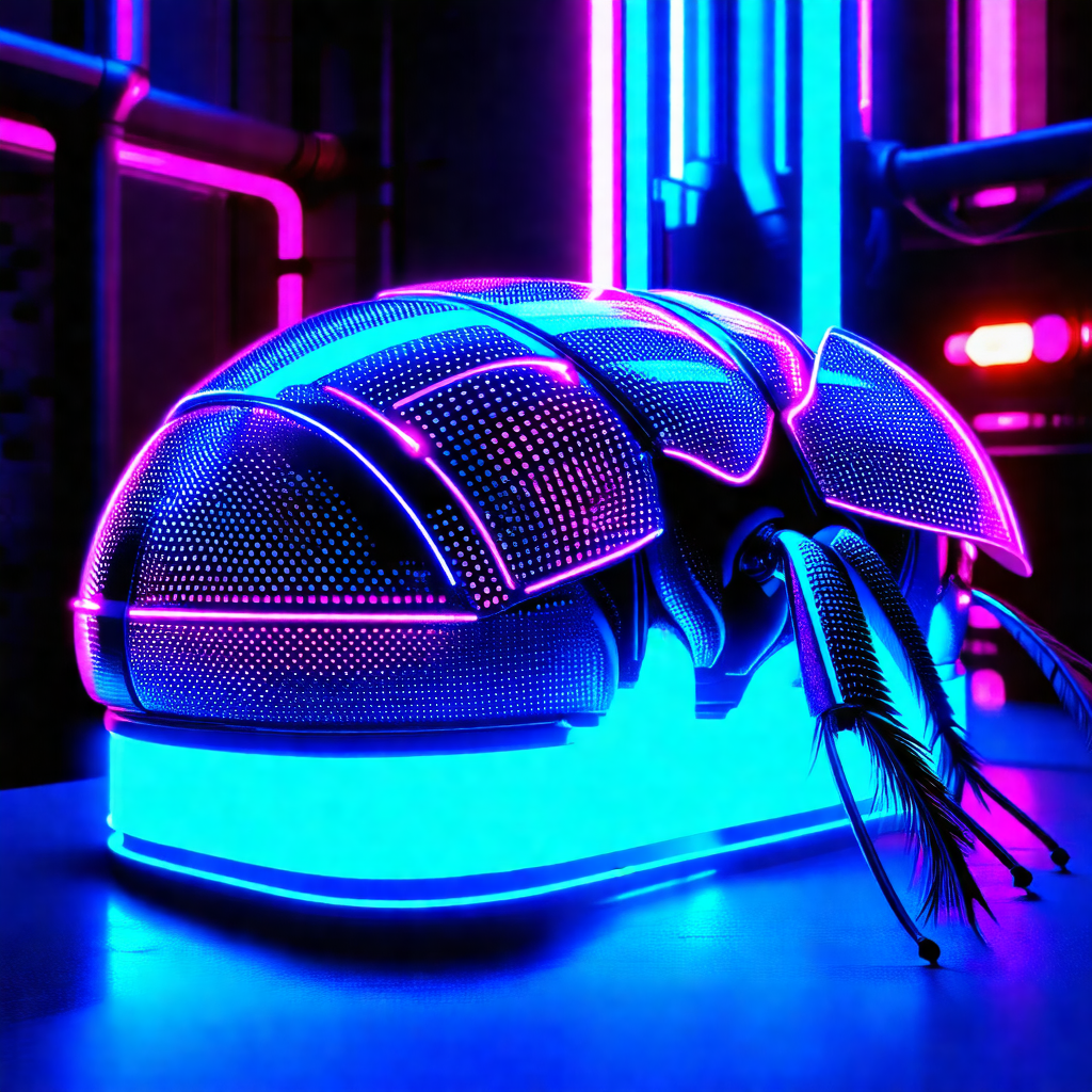 Futuristic-looking headpiece with a blue glow, resembling...
