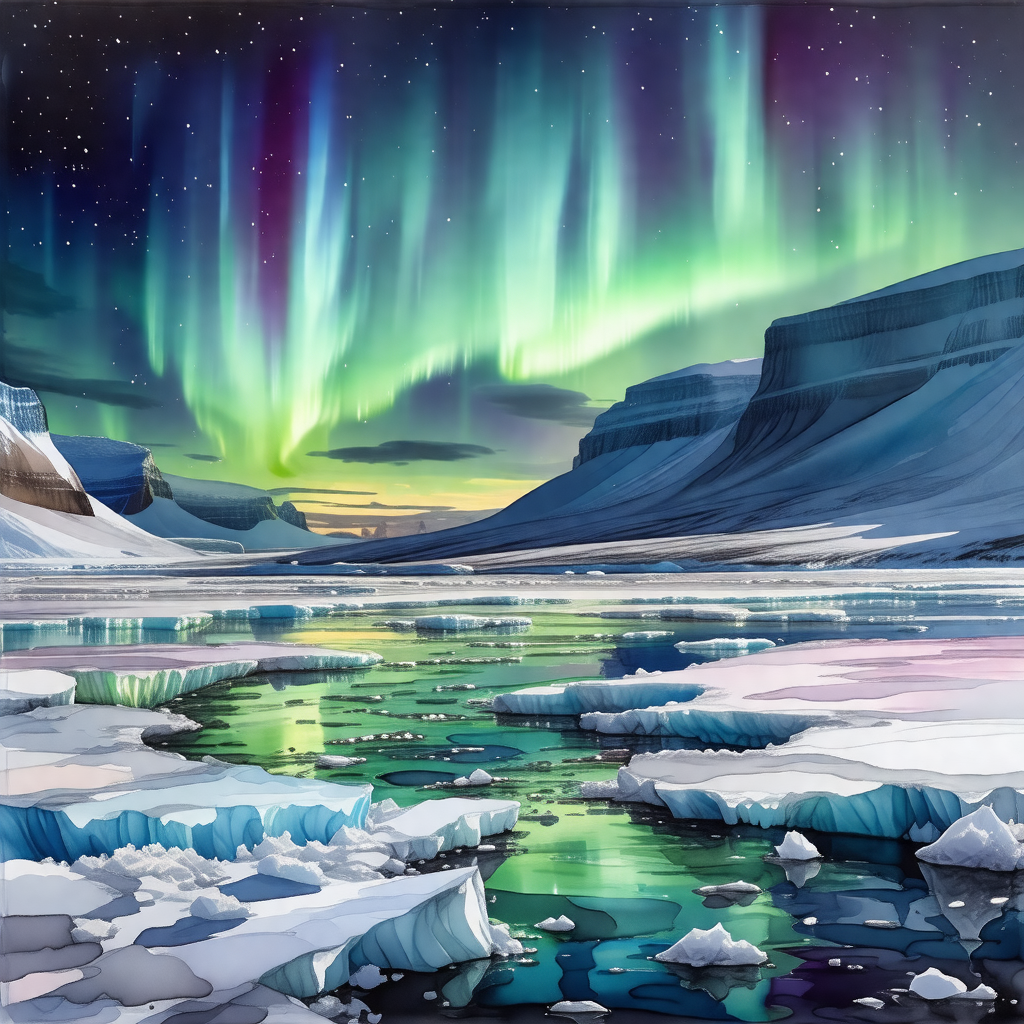 Beautiful scene of a frozen lake at night, with a sky fil...