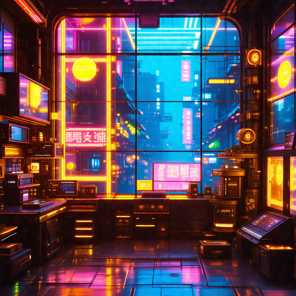 Futuristic cityscape with a brightly lit room featuring a...