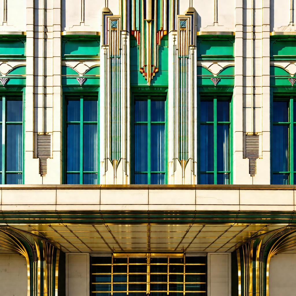 Large, ornate building with a gold and green facade
