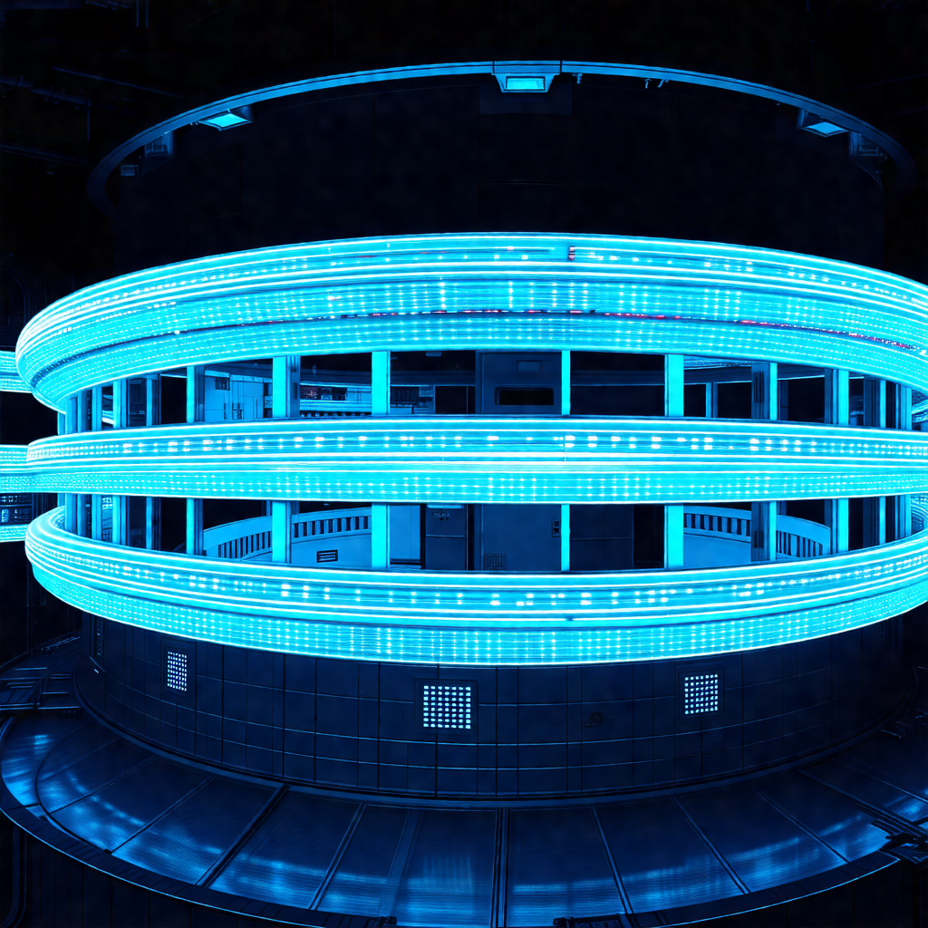 Large, blue, illuminated dome with a circular shape