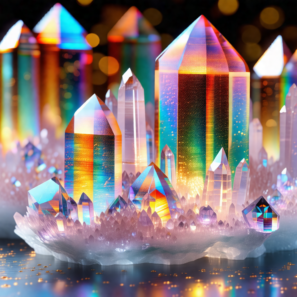 Group of colorful crystals, possibly ice crystals, floati...