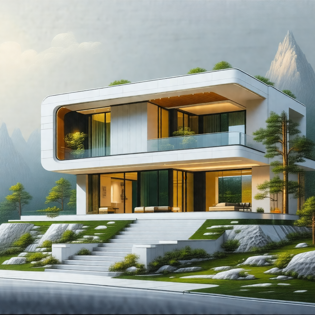 Large, modern-looking house situated on a hillside