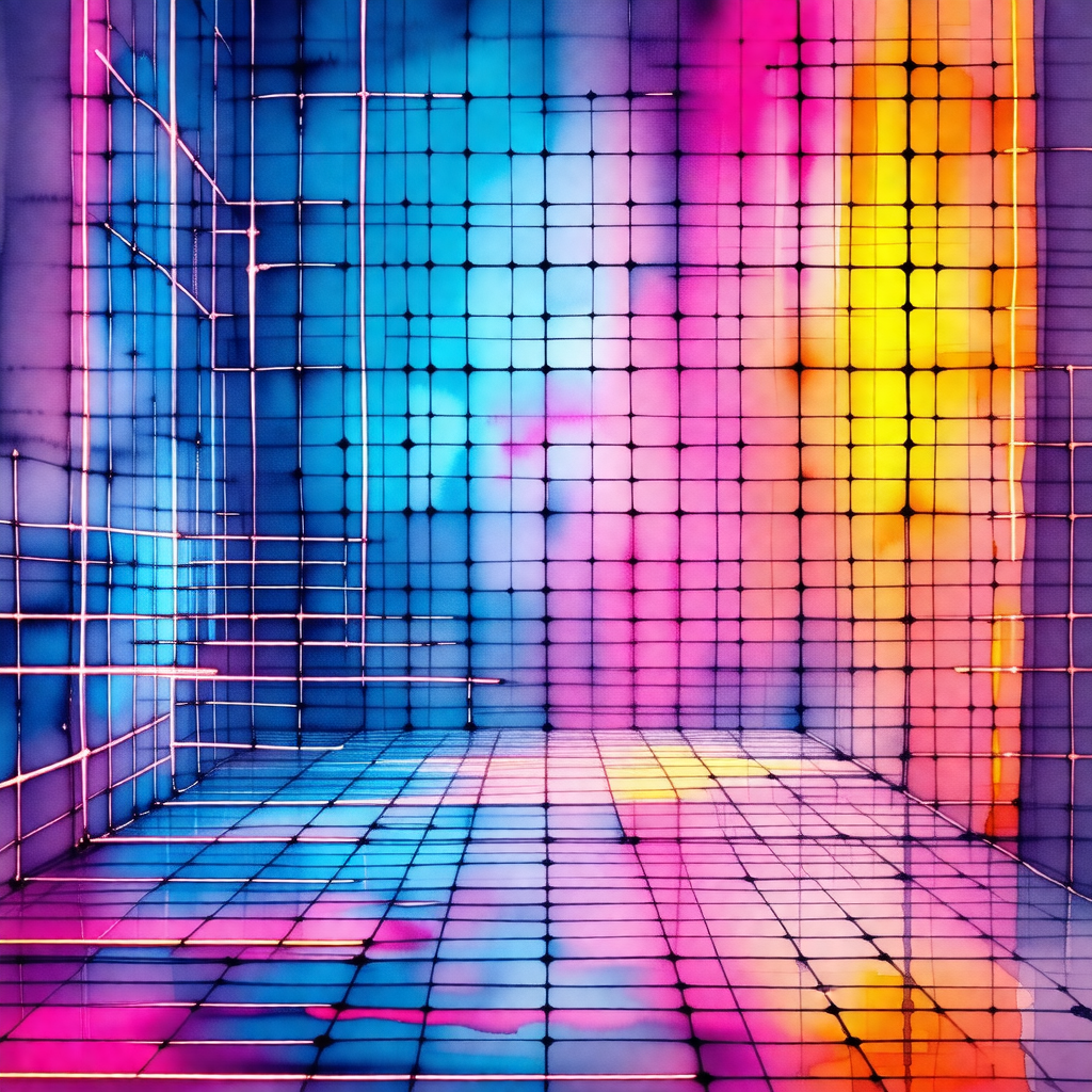 Colorful, abstract art piece featuring a room with a chec...