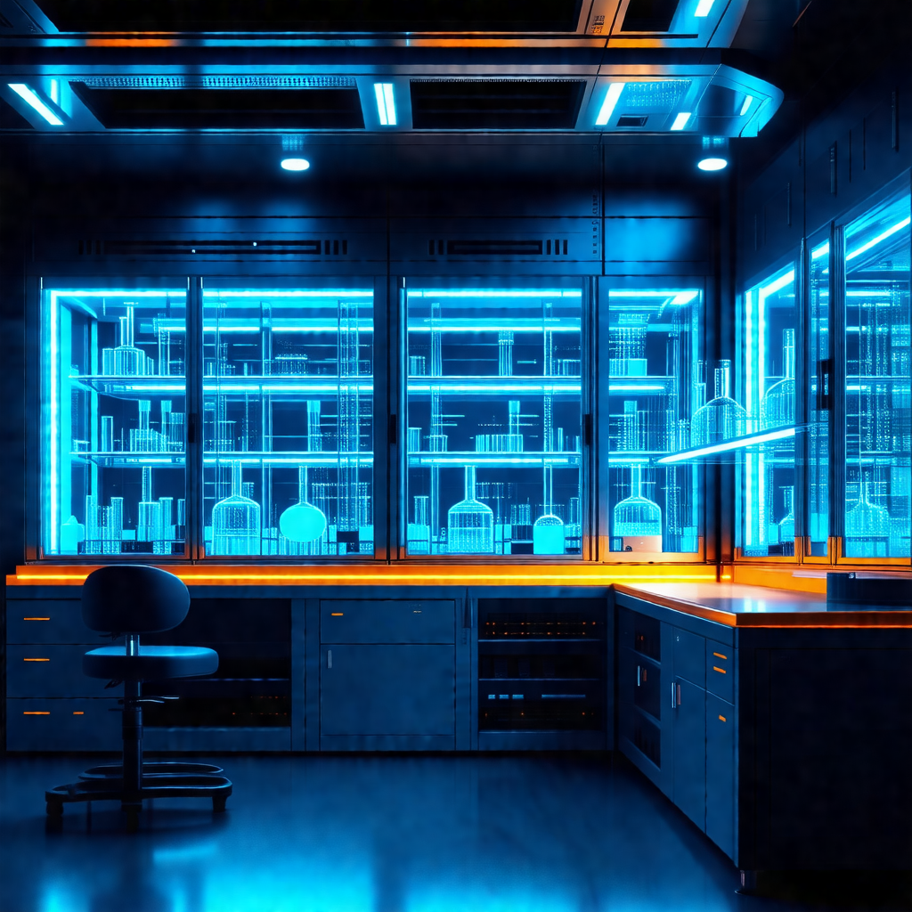 Laboratory with a long counter filled with various bottle...