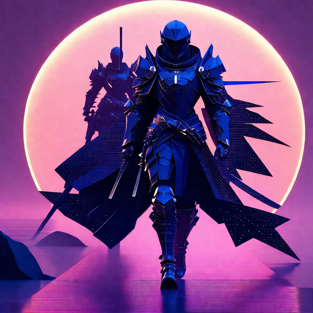 Man dressed in a suit of armor, walking across a bridge