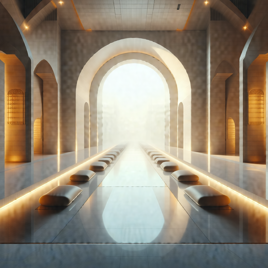 Large, empty room with a long, narrow hallway