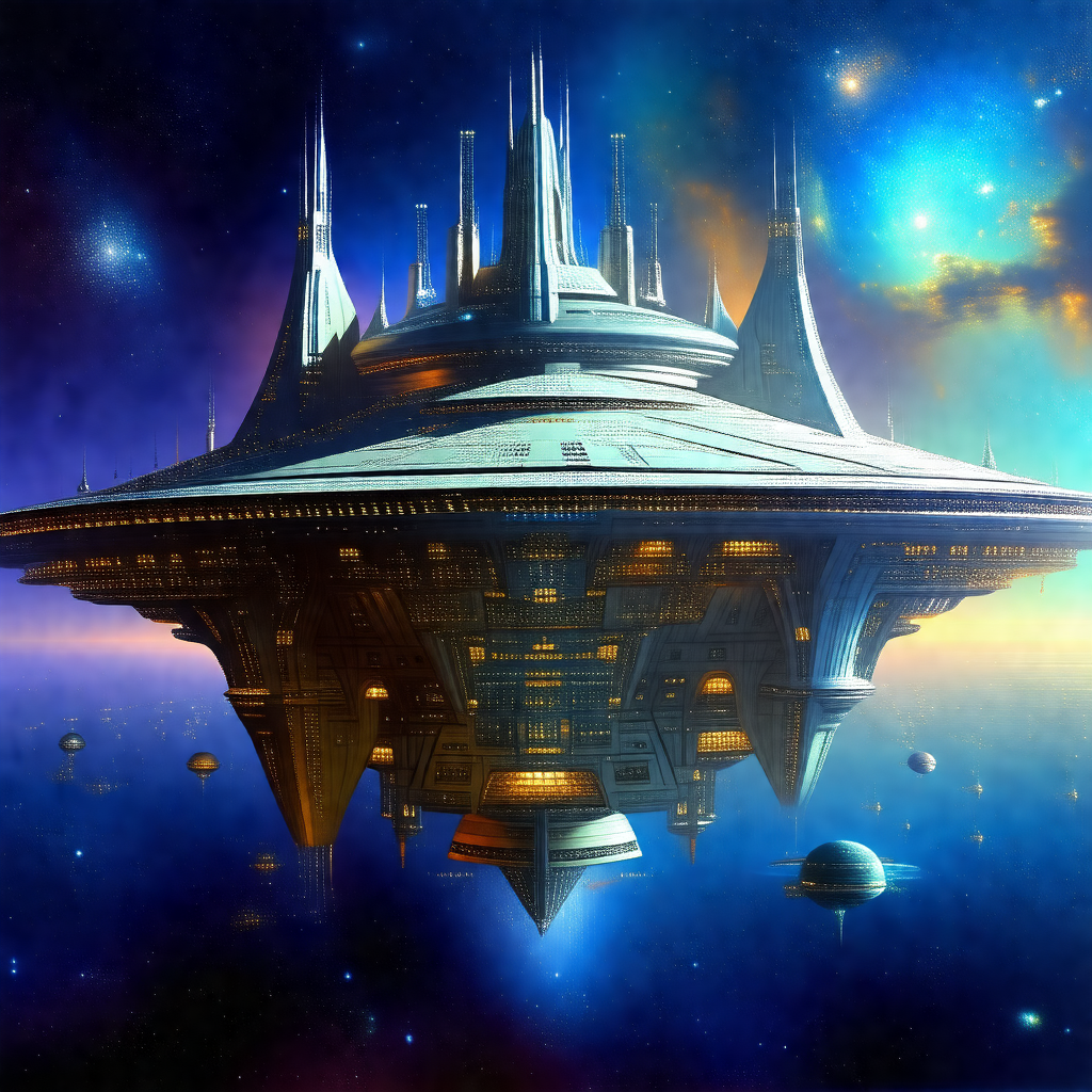 Futuristic painting of a large, space-age building with a...
