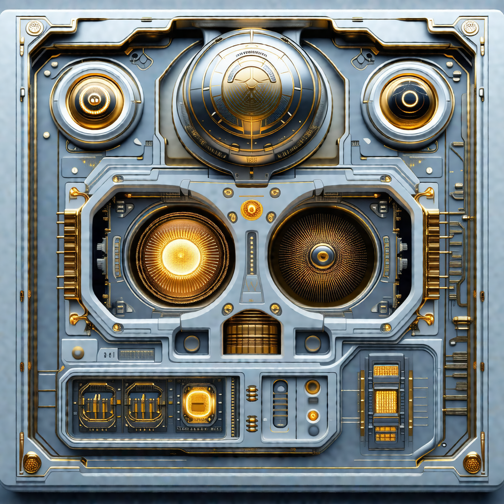 Futuristic, blue and gold robot with a face made up of va...