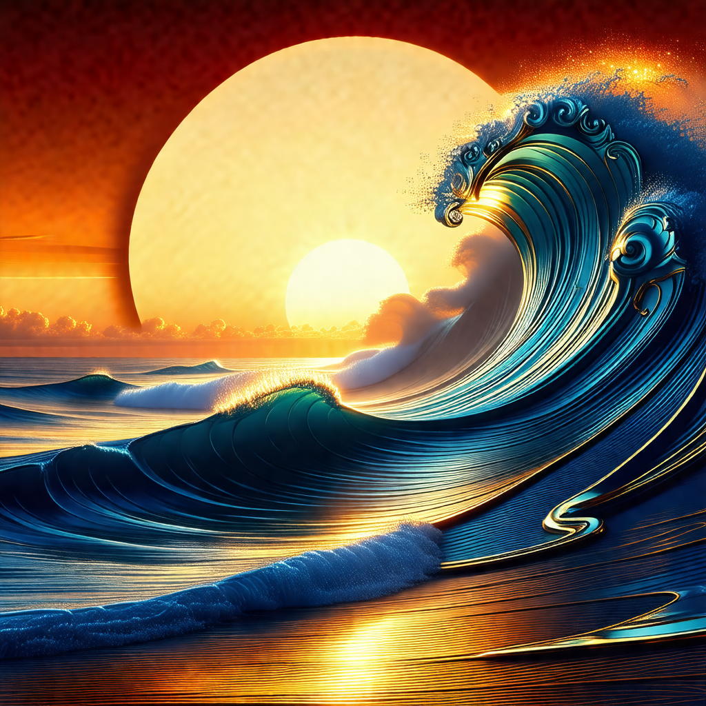 Large, blue ocean wave with a sunset in the background