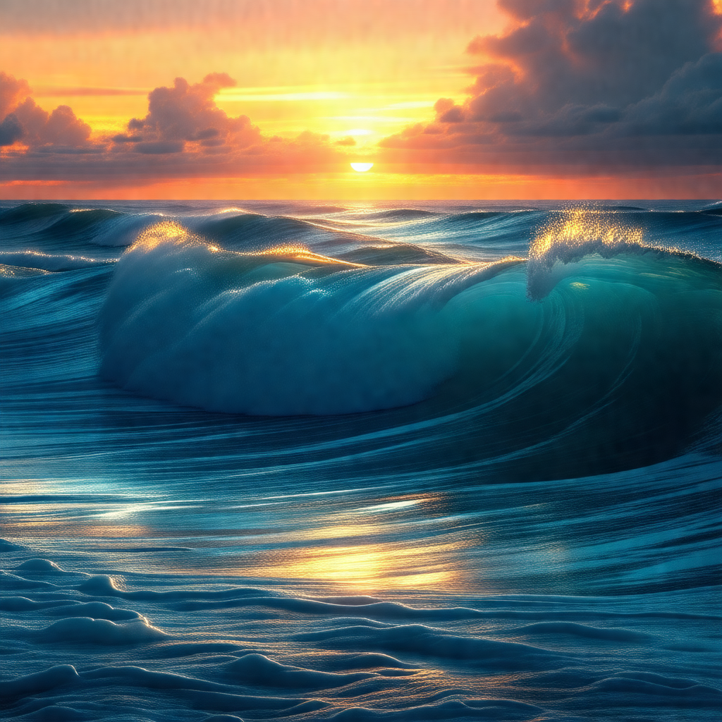 Large wave in the ocean, with the sun setting in the back...