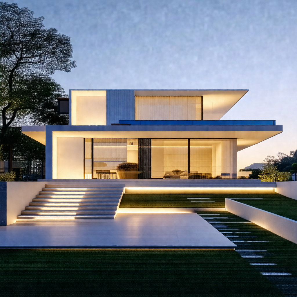 Large, modern-looking house with a white exterior