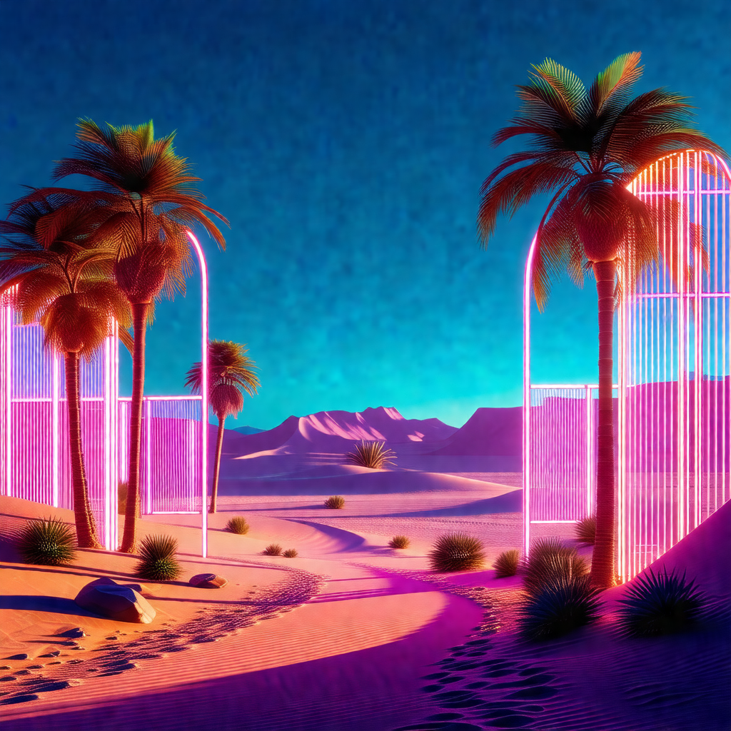 Desert landscape with two palm trees standing prominently...