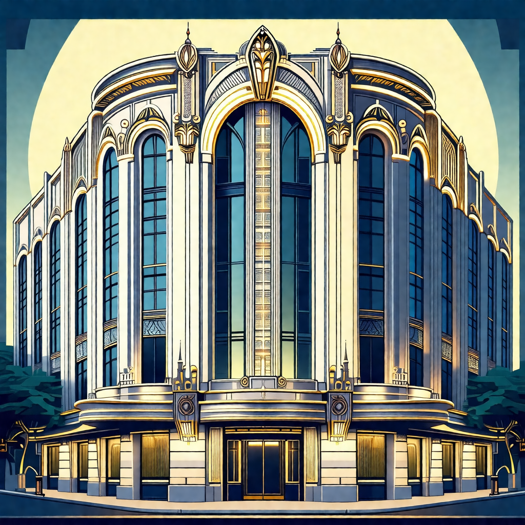 Colorful drawing of a large, ornate building with a gold ...