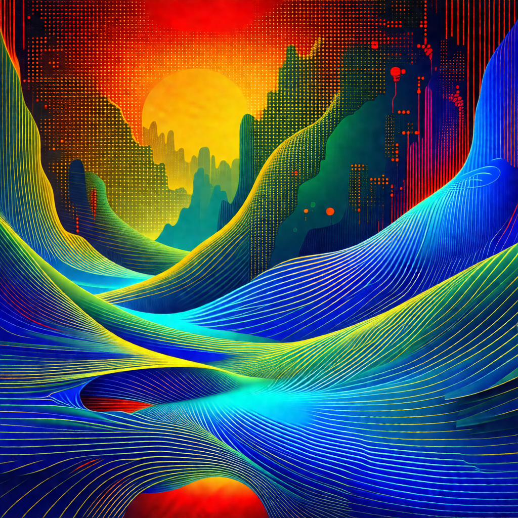 Colorful painting of a mountainous landscape