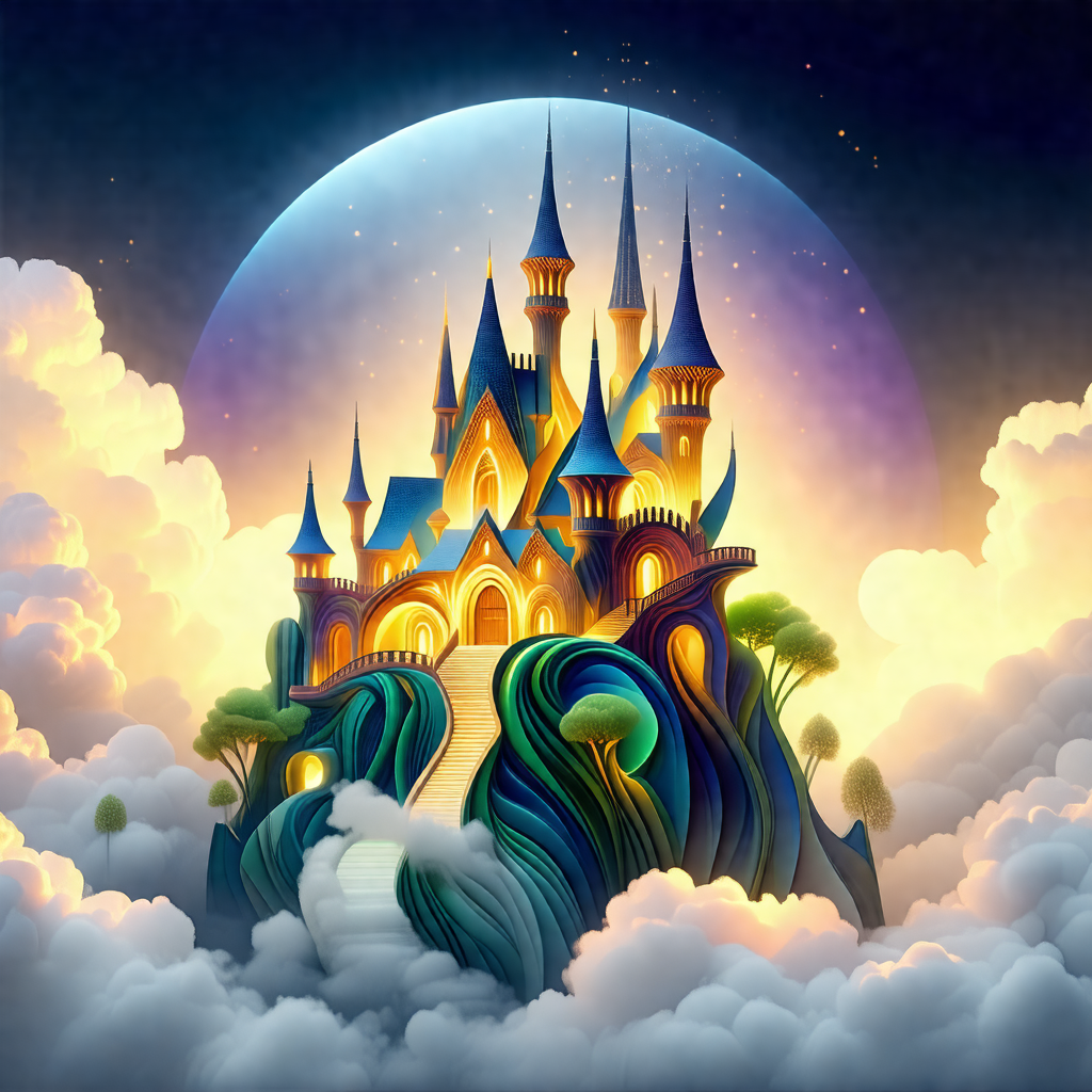 Beautifully drawn castle with a large, round, blue moon i...