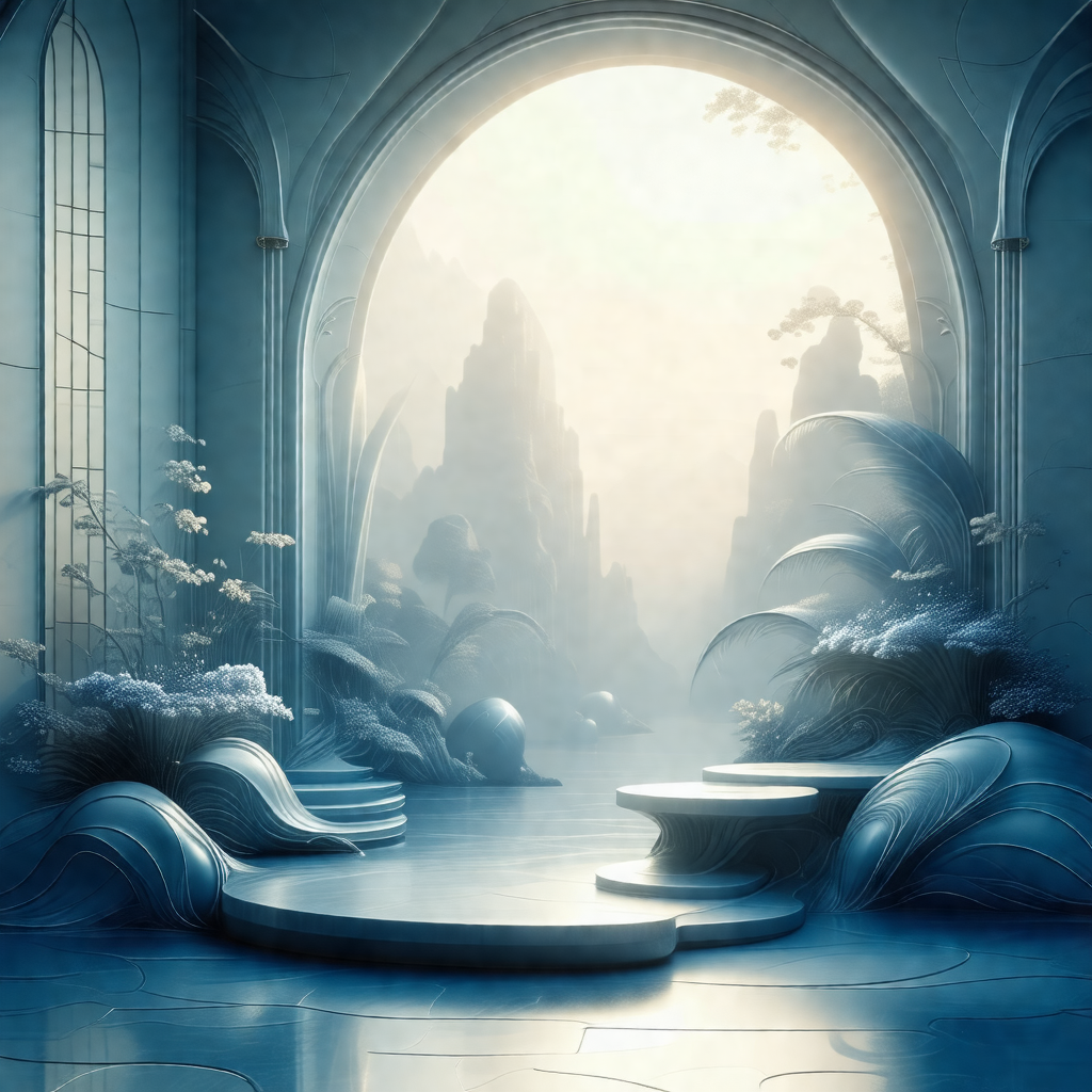 Digital painting of a fantasy world with a blue and white...