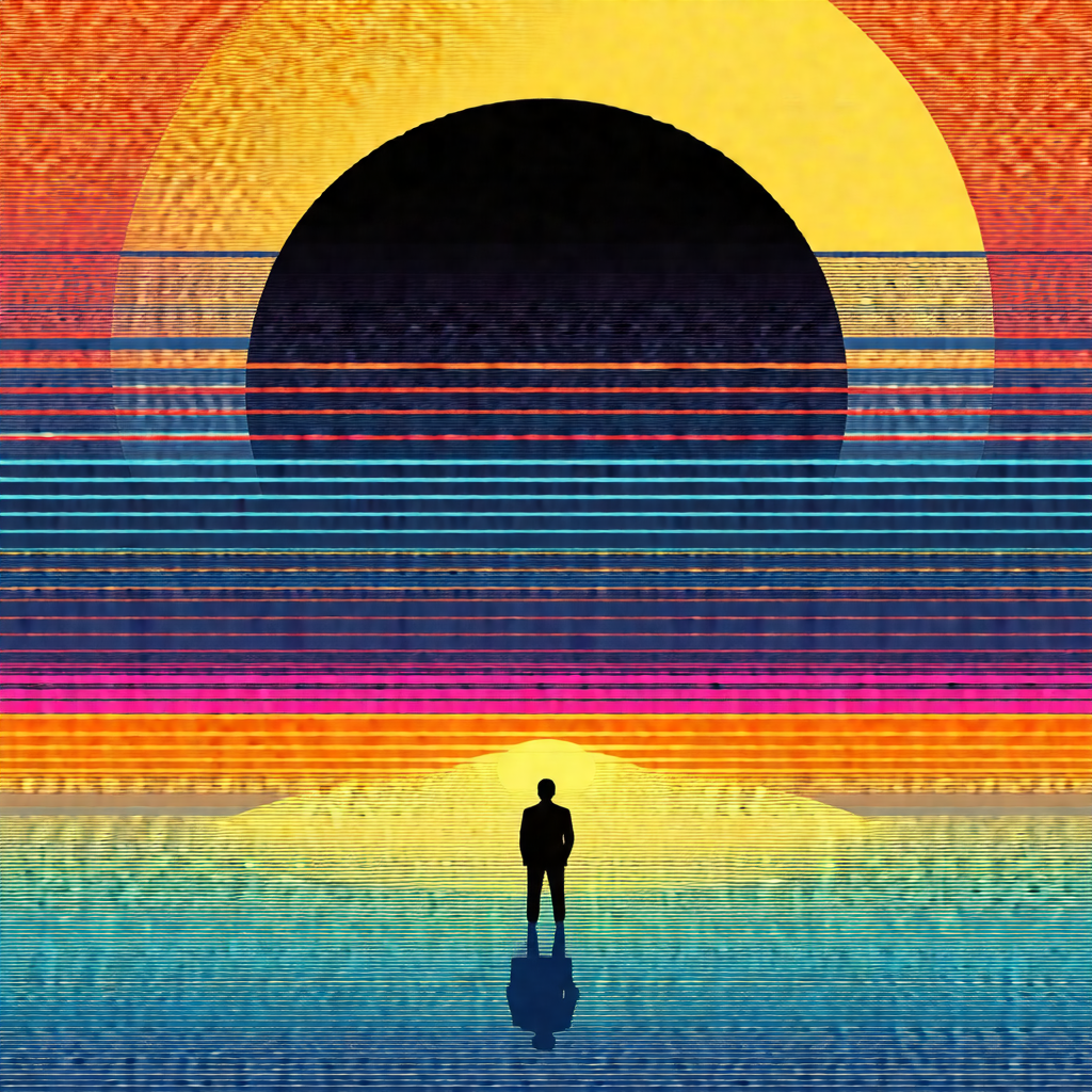 Man standing on a beach, silhouetted against a vibrant su...