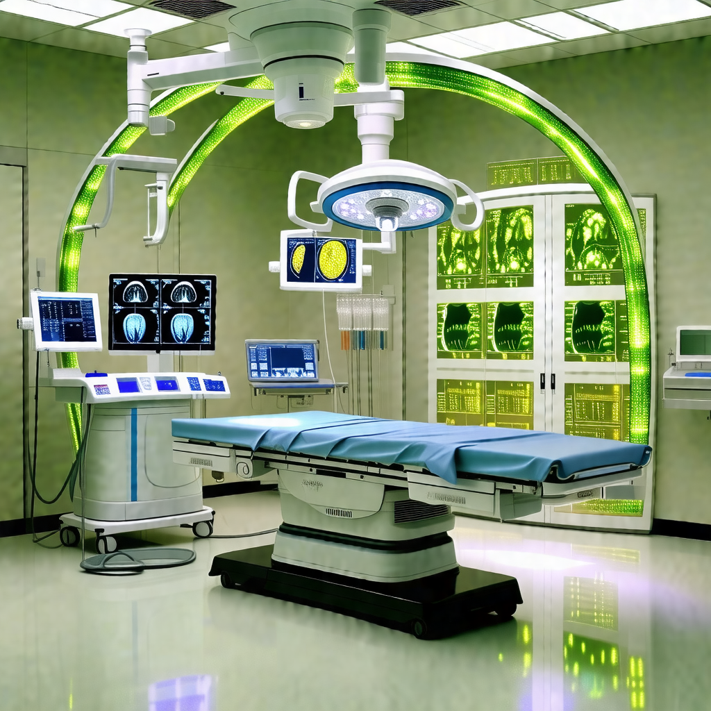 Hospital room with a large, white, and green medical bed