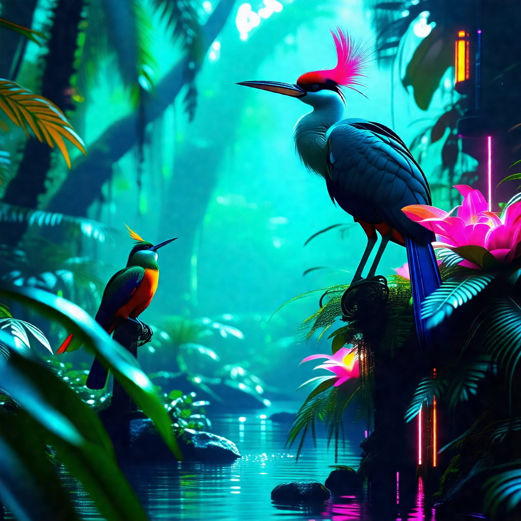 Lush green forest with a variety of birds perched on tree...
