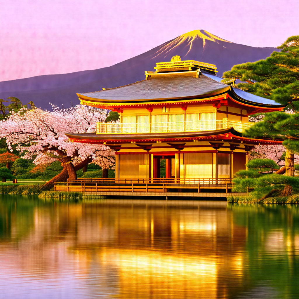 Beautiful japanese garden with a large building in the ba...