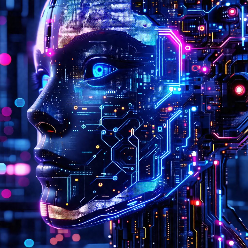 Futuristic robot face with a blue and purple color scheme